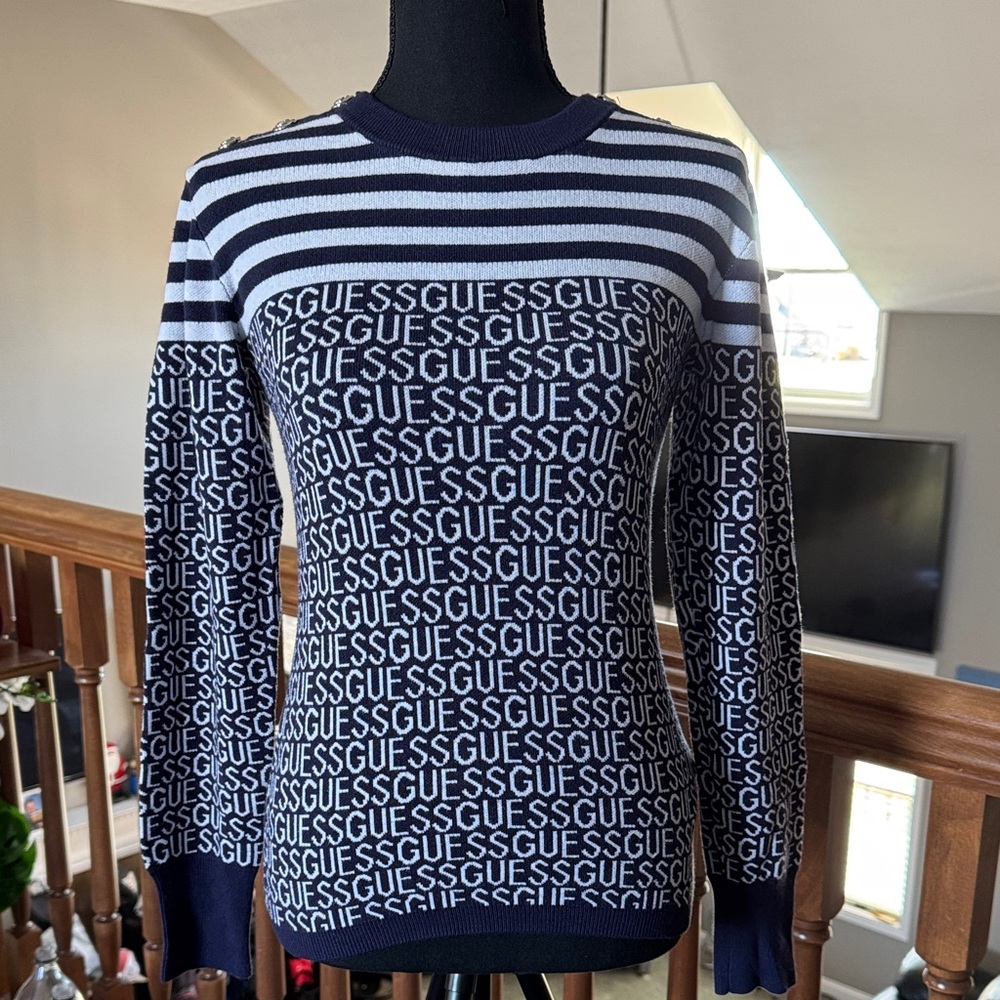 Guess Navy and White Logo Sweater